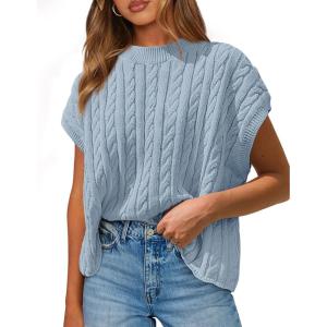 PRETTYGARDEN Women’s Sweater Vest 2025 Summer Short Sleeve Tops Casual Crewneck Knit Oversized Pullover Trendy Spring Outfits(Light Blue)