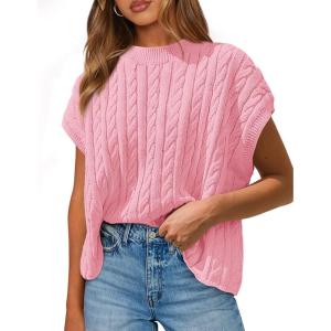 PRETTYGARDEN Women’s Sweater Vest 2025 Summer Short Sleeve Tops Casual Crewneck Knit Oversized Pullover Trendy Spring Outfits(Pink)