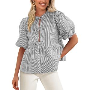 PRETTYGARDEN Women’s Tie Front Striped Shirt 2026 Summer Trendy Fashion Cute Babydoll Tops Peplum Puffy Sleeve Blouse(Black)