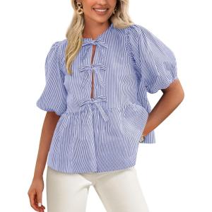 PRETTYGARDEN Women’s Tie Front Striped Shirt 2026 Summer Trendy Fashion Cute Babydoll Tops Peplum Puffy Sleeve Blouse(Blue)