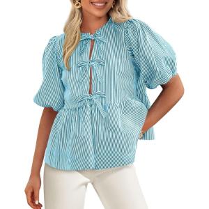 PRETTYGARDEN Women’s Tie Front Striped Shirt 2026 Summer Trendy Fashion Cute Babydoll Tops Peplum Puffy Sleeve Blouse(Blue Green)