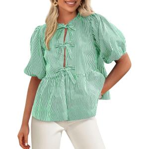PRETTYGARDEN Women’s Tie Front Striped Shirt 2026 Summer Trendy Fashion Cute Babydoll Tops Peplum Puffy Sleeve Blouse(Green)