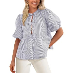 PRETTYGARDEN Women’s Tie Front Striped Shirt 2026 Summer Trendy Fashion Cute Babydoll Tops Peplum Puffy Sleeve Blouse(Grey Blue)
