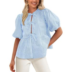 PRETTYGARDEN Women’s Tie Front Striped Shirt 2026 Summer Trendy Fashion Cute Babydoll Tops Peplum Puffy Sleeve Blouse(Light Blue)