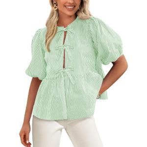 PRETTYGARDEN Women’s Tie Front Striped Shirt 2026 Summer Trendy Fashion Cute Babydoll Tops Peplum Puffy Sleeve Blouse(Light Green)