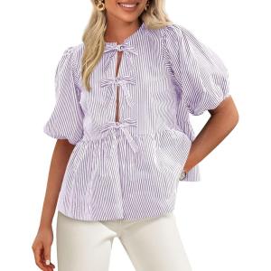 PRETTYGARDEN Women’s Tie Front Striped Shirt 2026 Summer Trendy Fashion Cute Babydoll Tops Peplum Puffy Sleeve Blouse(Light Purple)
