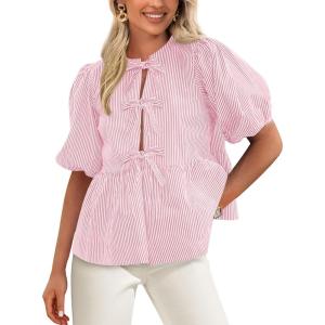 PRETTYGARDEN Women’s Tie Front Striped Shirt 2026 Summer Trendy Fashion Cute Babydoll Tops Peplum Puffy Sleeve Blouse(Pink)