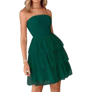 PRETTYGARDEN Womens Tulle Dress Strapless Tube Top Short Dress Summer Ruffle Tiered Party Wedding Guest Dresses(Dark Green)