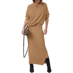 PRETTYGARDEN Women’s Two Piece Matching Sweater Sets Knit Long Sleeve Pullover Tops Bodycon Long Maxi Skirts Fall Outfits(Khaki)