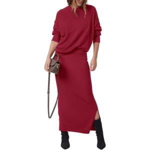 PRETTYGARDEN Women’s Two Piece Matching Sweater Sets Knit Long Sleeve Pullover Tops Bodycon Long Maxi Skirts Fall Outfits(Wine Red)