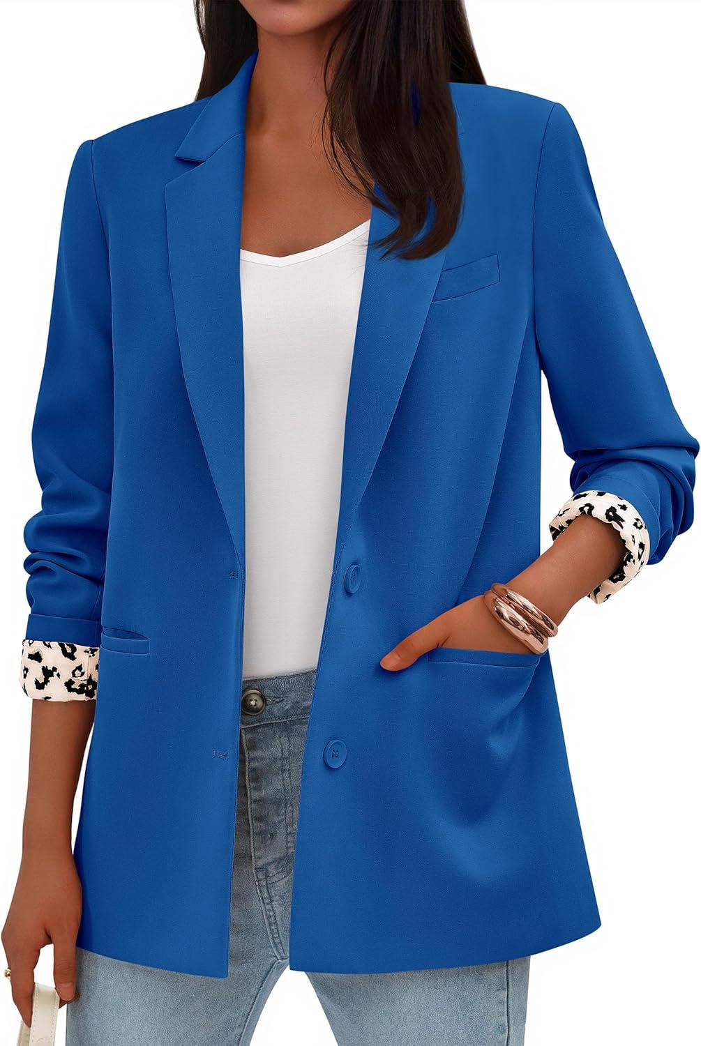 imagePRETTYGARDEN Blazers for Women 2026 Fall Work Office Suit Jackets Dressy Open Front Leopard Blazer Business Casual OutfitsRoyal Blue