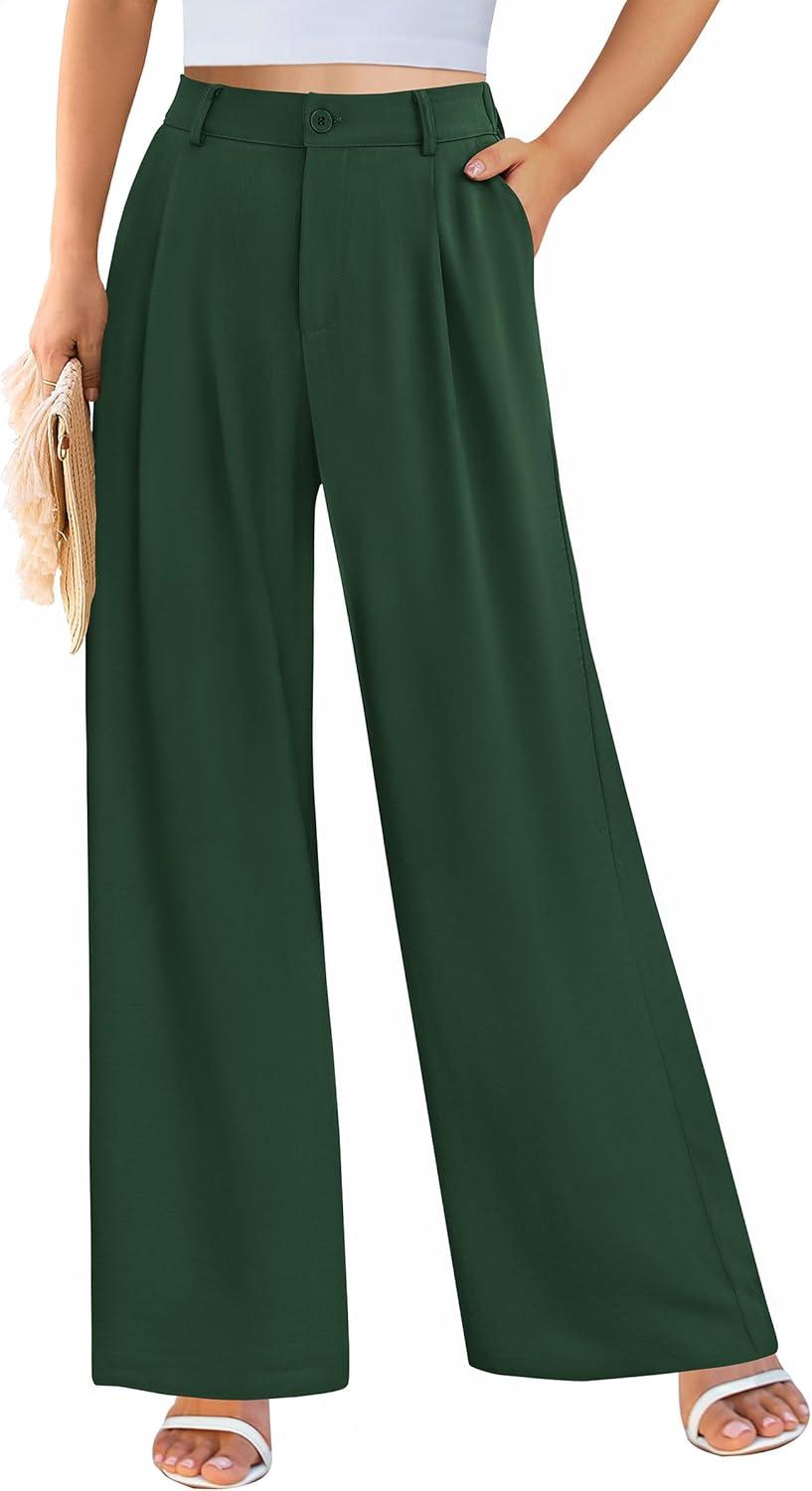 imagePRETTYGARDEN Wide Leg Pants for Women Trendy 2026 Fall High Waisted Business Casual Outfits Work Pant TrousersDark Green