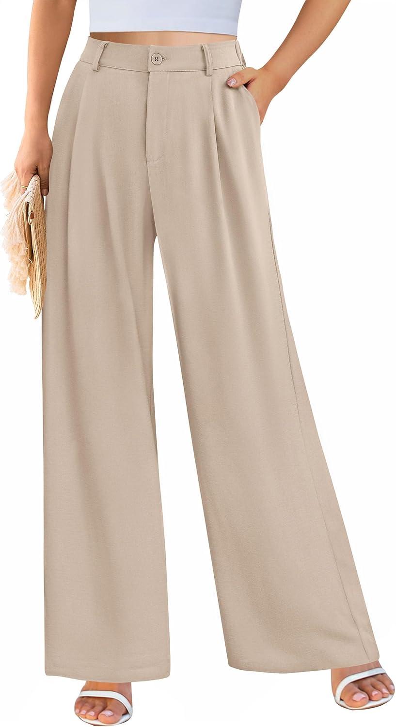 imagePRETTYGARDEN Wide Leg Pants for Women Trendy 2026 Fall High Waisted Business Casual Outfits Work Pant TrousersLight Khaki