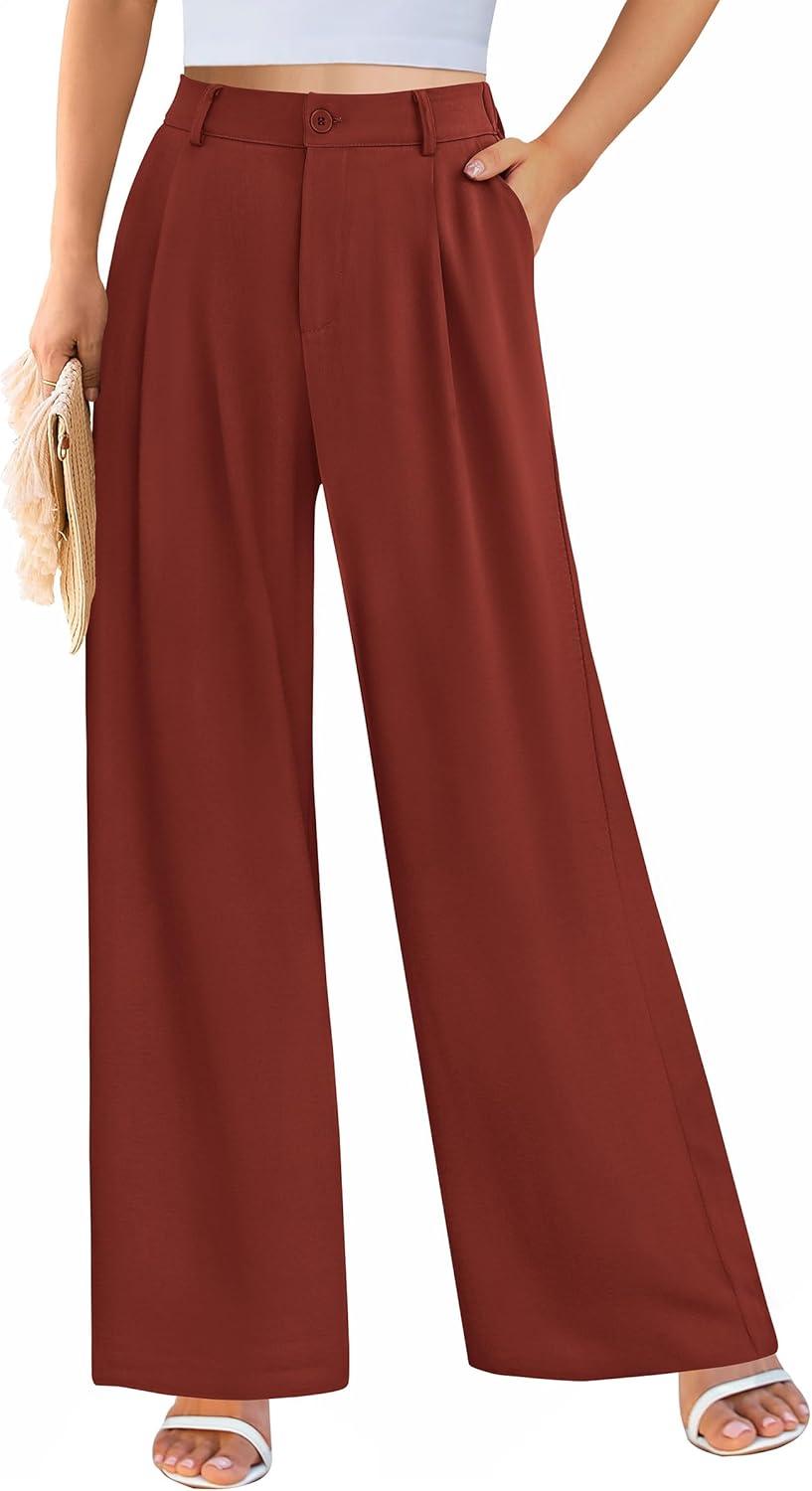 imagePRETTYGARDEN Wide Leg Pants for Women Trendy 2026 Fall High Waisted Business Casual Outfits Work Pant TrousersRust Red