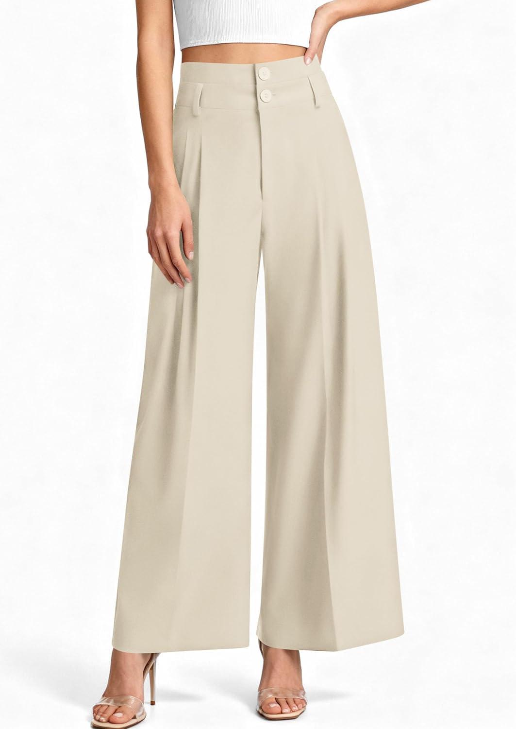 imagePRETTYGARDEN Womens Spring Wide Leg Palazzo Pants 2026 Trendy Loose Button High Waist Pleated Work Business Casual TrousersBeige