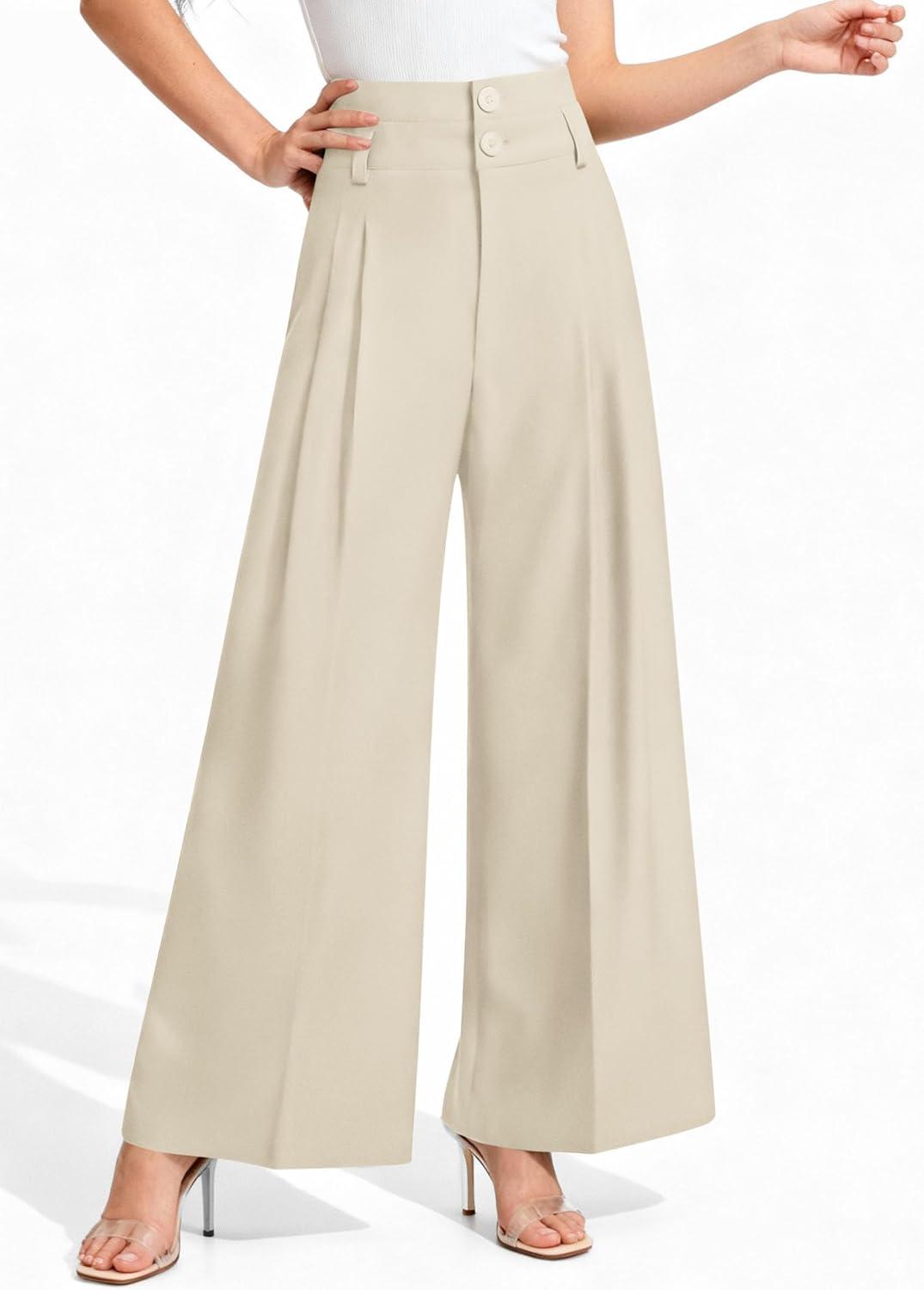 imagePRETTYGARDEN Womens Spring Wide Leg Palazzo Pants 2026 Trendy Loose Button High Waist Pleated Work Business Casual TrousersBeige