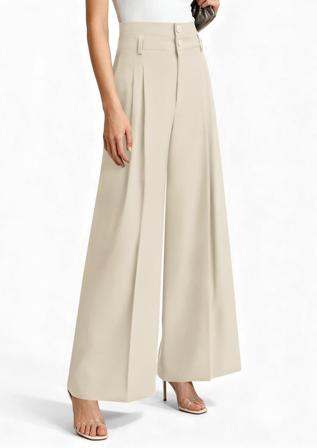 imagePRETTYGARDEN Womens Spring Wide Leg Palazzo Pants 2026 Trendy Loose Button High Waist Pleated Work Business Casual TrousersBeige