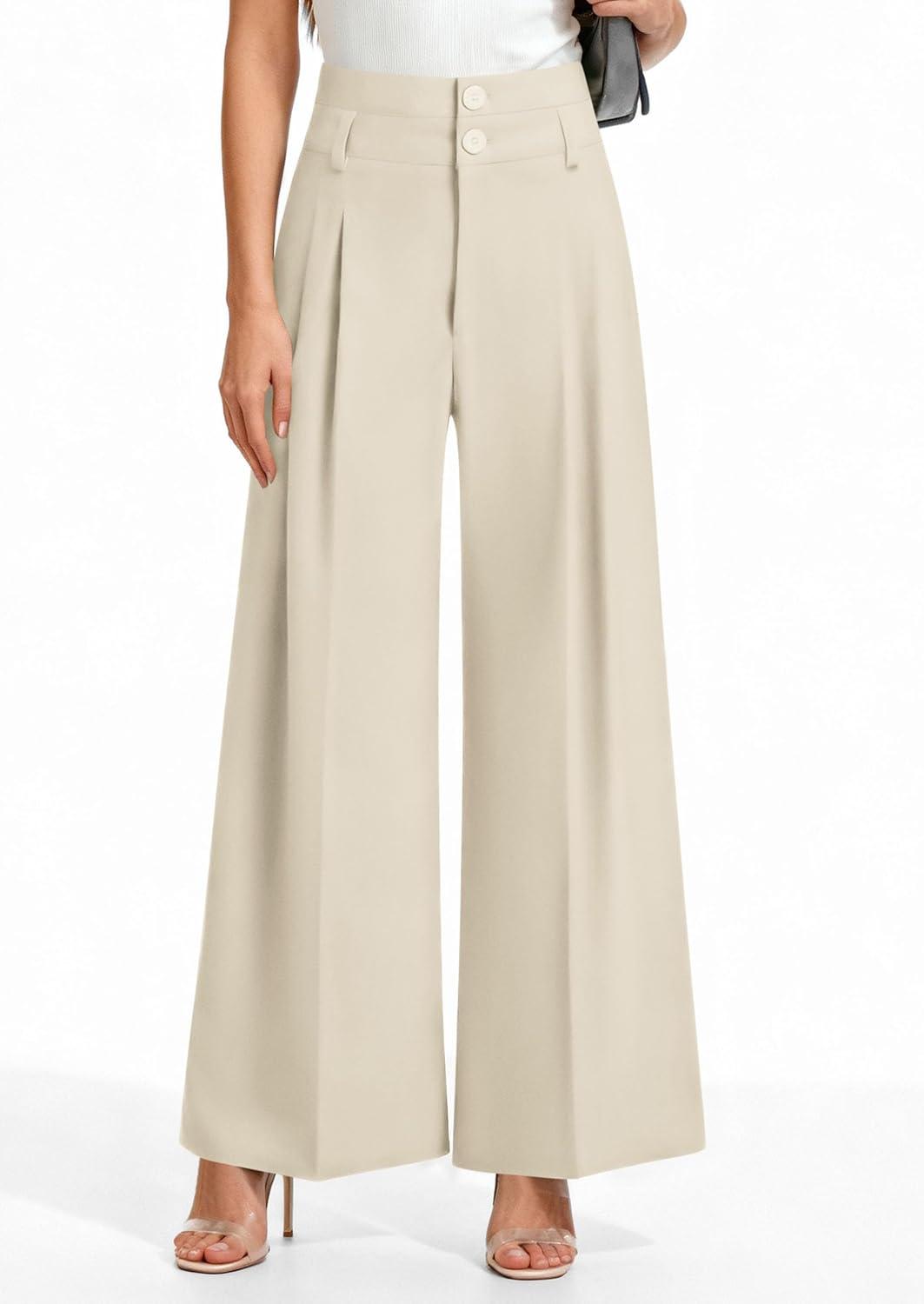 imagePRETTYGARDEN Womens Spring Wide Leg Palazzo Pants 2026 Trendy Loose Button High Waist Pleated Work Business Casual TrousersBeige