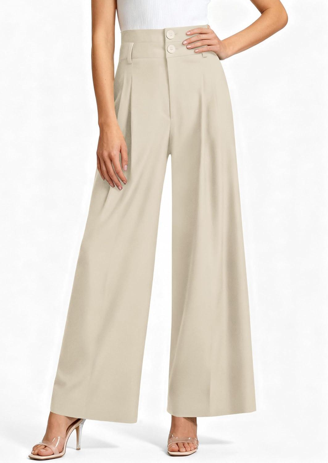 imagePRETTYGARDEN Womens Spring Wide Leg Palazzo Pants 2026 Trendy Loose Button High Waist Pleated Work Business Casual TrousersBeige