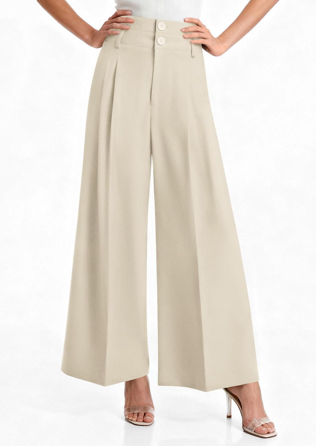 imagePRETTYGARDEN Womens Spring Wide Leg Palazzo Pants 2026 Trendy Loose Button High Waist Pleated Work Business Casual TrousersBeige