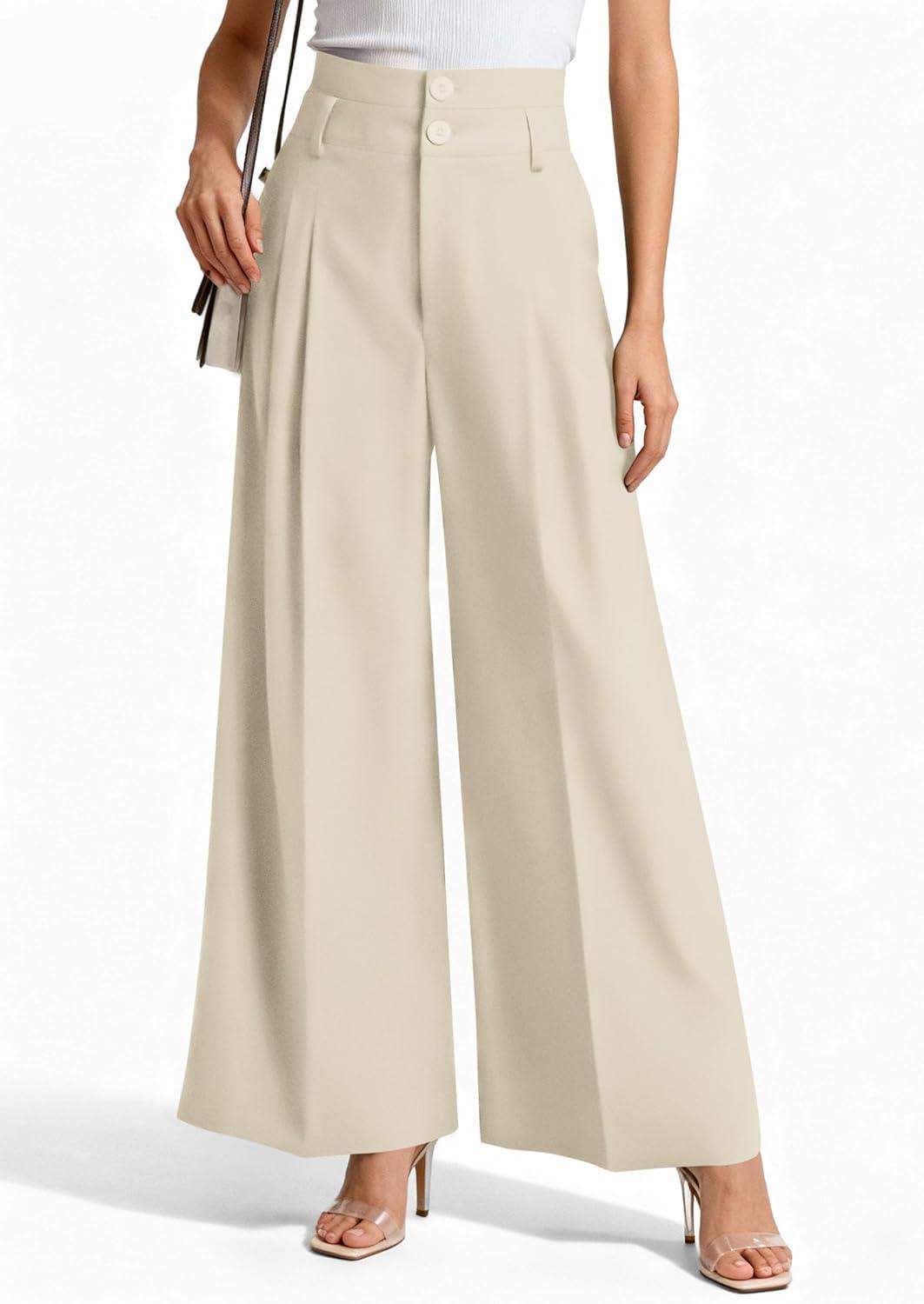 imagePRETTYGARDEN Womens Spring Wide Leg Palazzo Pants 2026 Trendy Loose Button High Waist Pleated Work Business Casual TrousersBeige