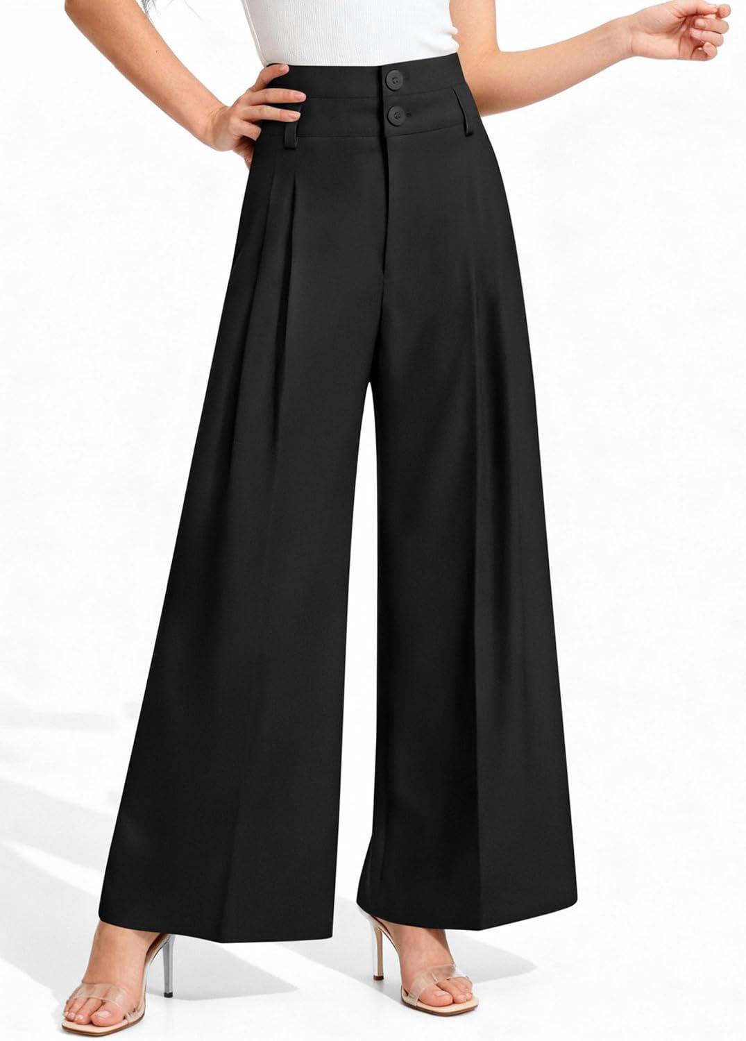 imagePRETTYGARDEN Womens Spring Wide Leg Palazzo Pants 2026 Trendy Loose Button High Waist Pleated Work Business Casual TrousersBlack