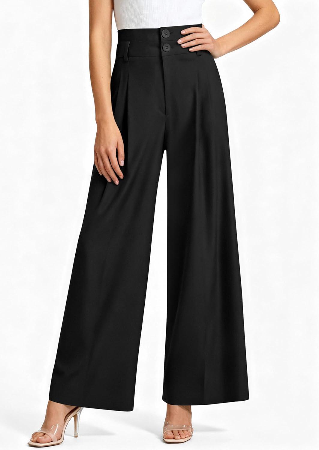 imagePRETTYGARDEN Womens Spring Wide Leg Palazzo Pants 2026 Trendy Loose Button High Waist Pleated Work Business Casual TrousersBlack
