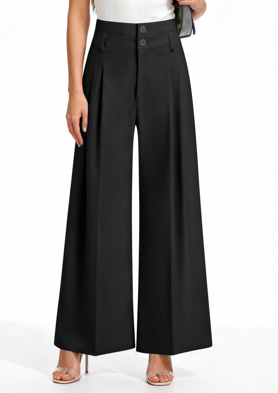 imagePRETTYGARDEN Womens Spring Wide Leg Palazzo Pants 2026 Trendy Loose Button High Waist Pleated Work Business Casual TrousersBlack