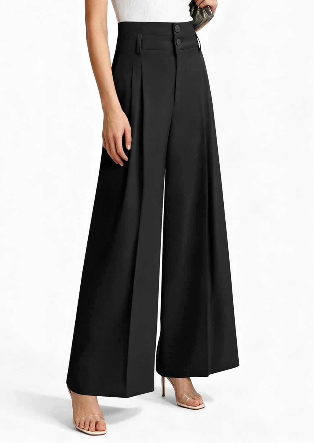 imagePRETTYGARDEN Womens Spring Wide Leg Palazzo Pants 2026 Trendy Loose Button High Waist Pleated Work Business Casual TrousersBlack