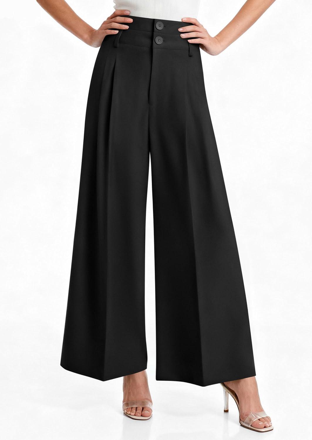 imagePRETTYGARDEN Womens Spring Wide Leg Palazzo Pants 2026 Trendy Loose Button High Waist Pleated Work Business Casual TrousersBlack