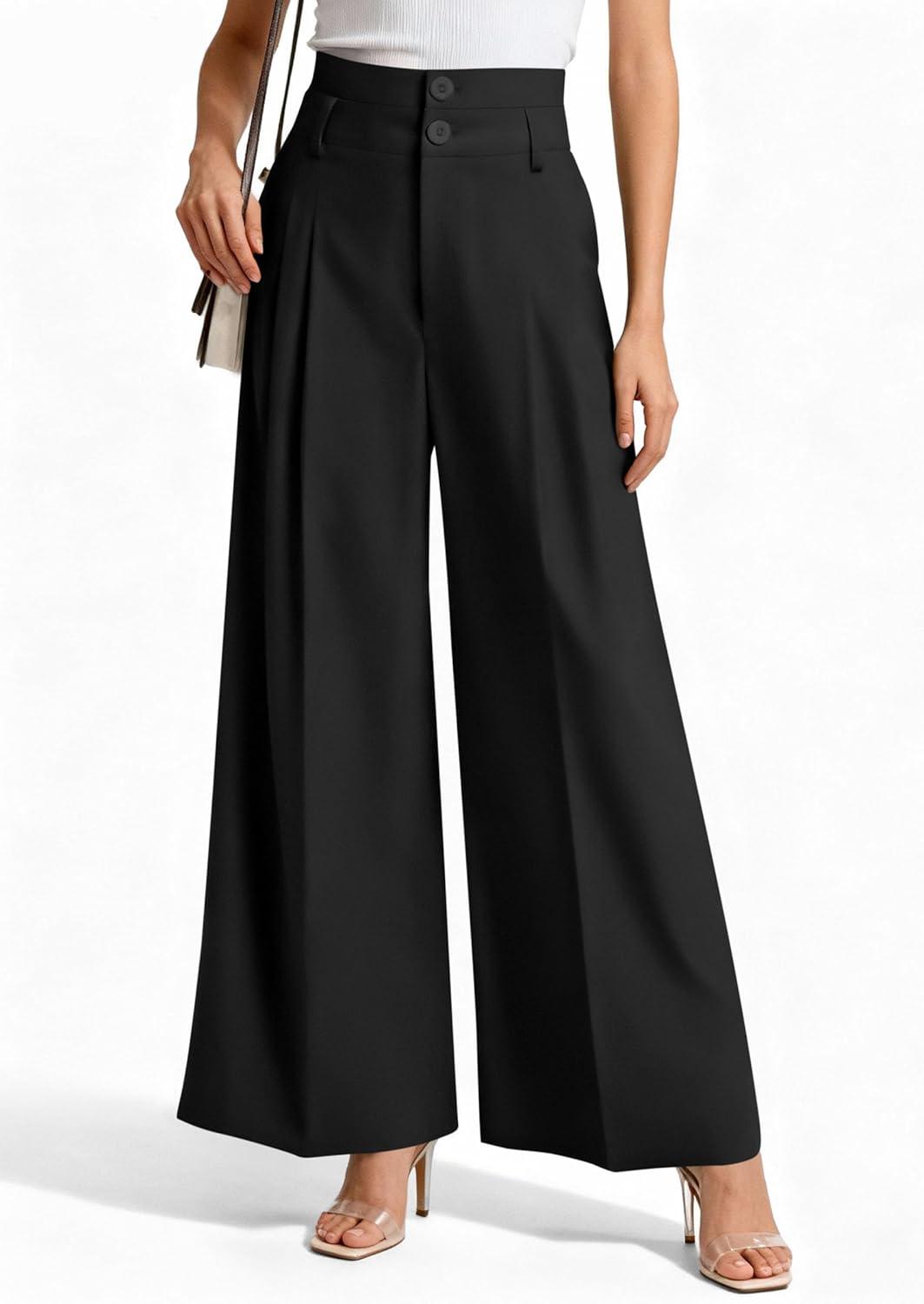 imagePRETTYGARDEN Womens Spring Wide Leg Palazzo Pants 2026 Trendy Loose Button High Waist Pleated Work Business Casual TrousersBlack