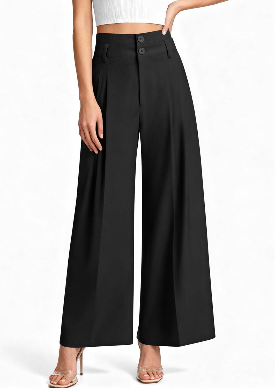 imagePRETTYGARDEN Womens Spring Wide Leg Palazzo Pants 2026 Trendy Loose Button High Waist Pleated Work Business Casual TrousersBlack