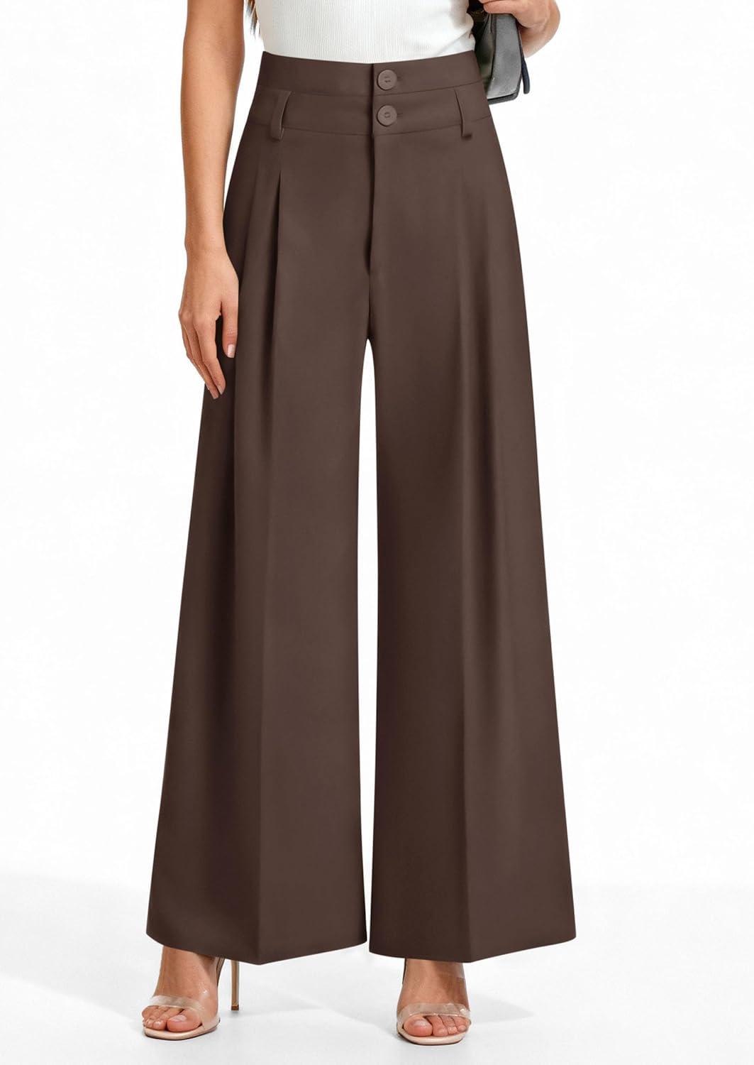 imagePRETTYGARDEN Womens Spring Wide Leg Palazzo Pants 2026 Trendy Loose Button High Waist Pleated Work Business Casual TrousersBrown