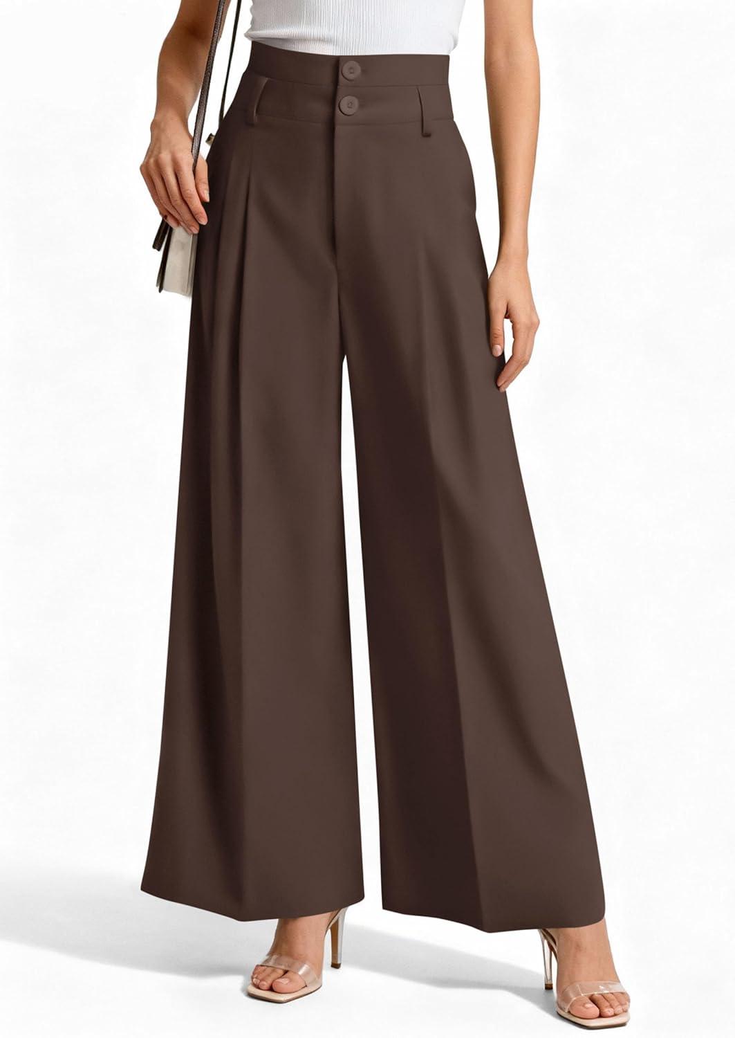 imagePRETTYGARDEN Womens Spring Wide Leg Palazzo Pants 2026 Trendy Loose Button High Waist Pleated Work Business Casual TrousersBrown