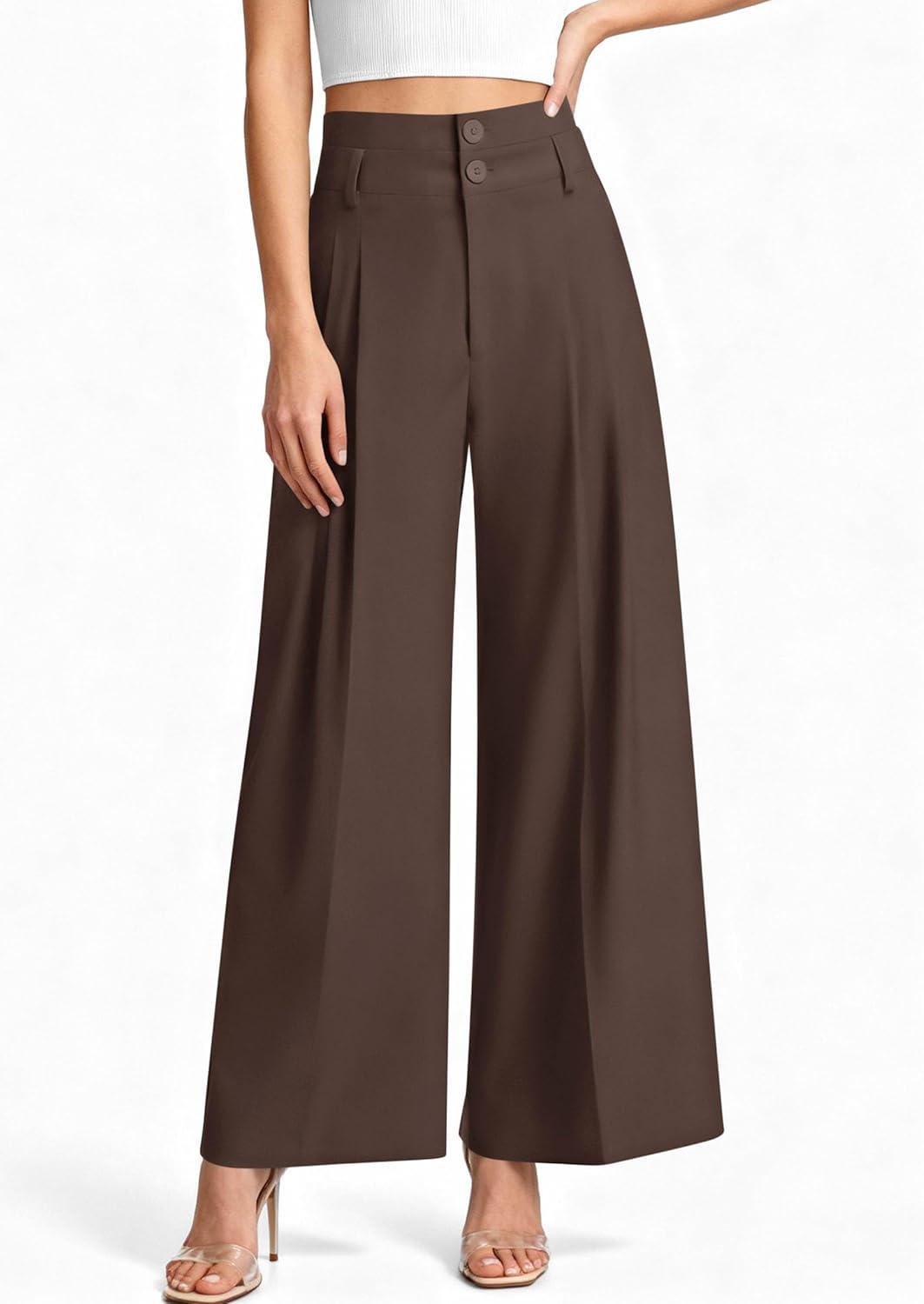 imagePRETTYGARDEN Womens Spring Wide Leg Palazzo Pants 2026 Trendy Loose Button High Waist Pleated Work Business Casual TrousersBrown