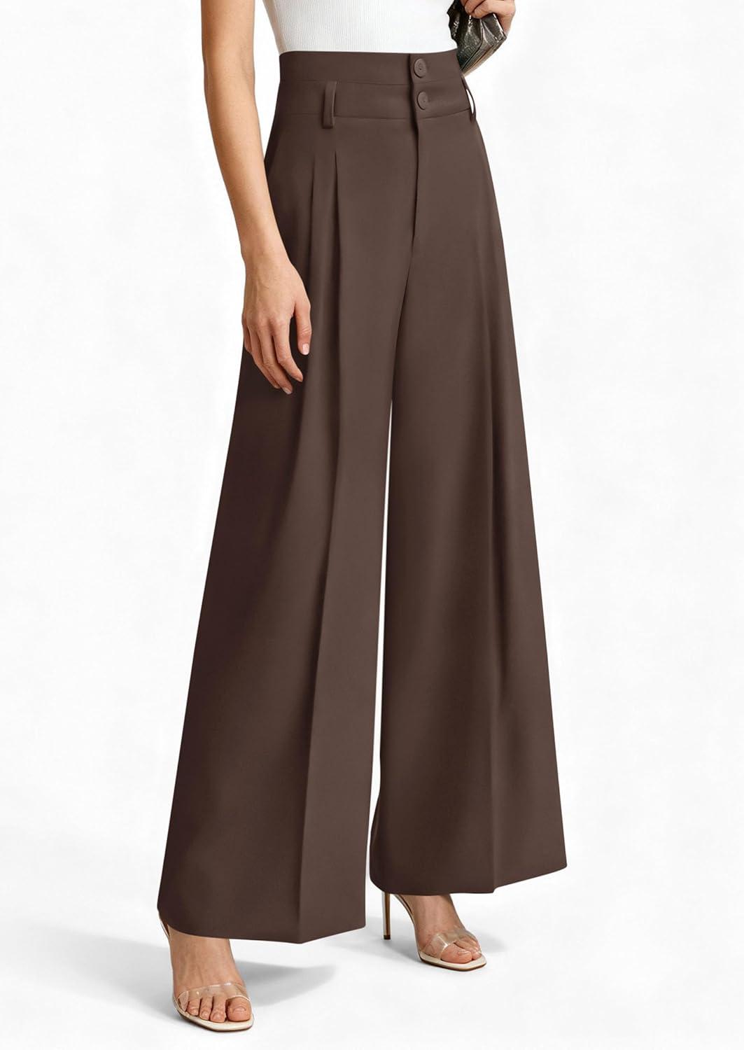 imagePRETTYGARDEN Womens Spring Wide Leg Palazzo Pants 2026 Trendy Loose Button High Waist Pleated Work Business Casual TrousersBrown