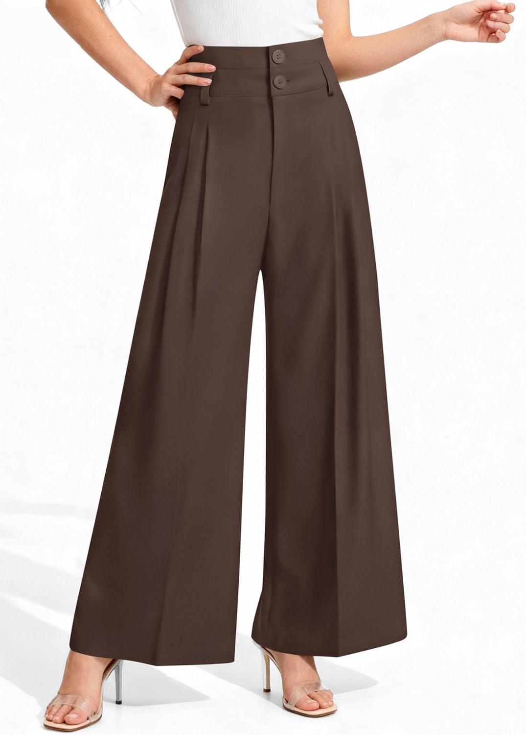 imagePRETTYGARDEN Womens Spring Wide Leg Palazzo Pants 2026 Trendy Loose Button High Waist Pleated Work Business Casual TrousersBrown