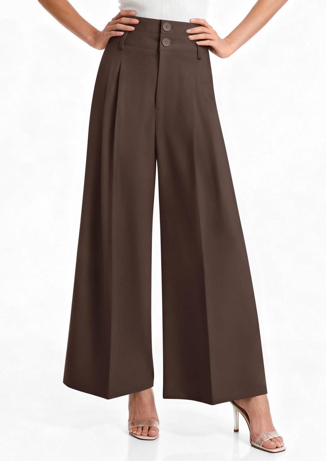 imagePRETTYGARDEN Womens Spring Wide Leg Palazzo Pants 2026 Trendy Loose Button High Waist Pleated Work Business Casual TrousersBrown