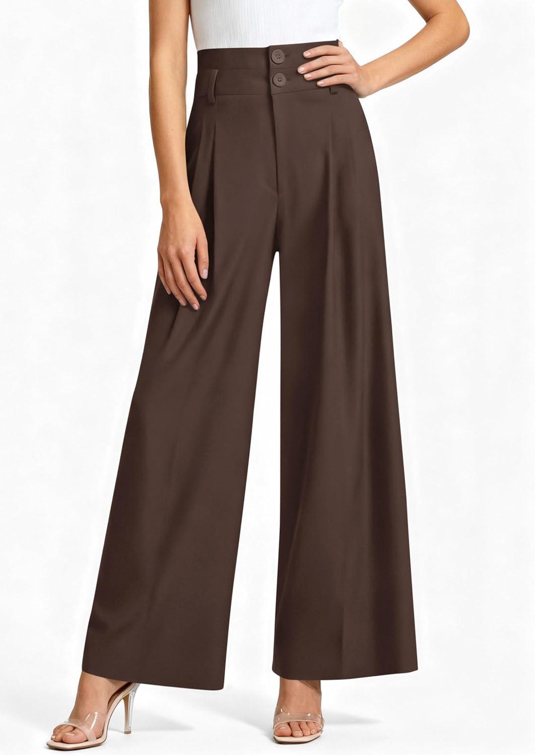 imagePRETTYGARDEN Womens Spring Wide Leg Palazzo Pants 2026 Trendy Loose Button High Waist Pleated Work Business Casual TrousersBrown