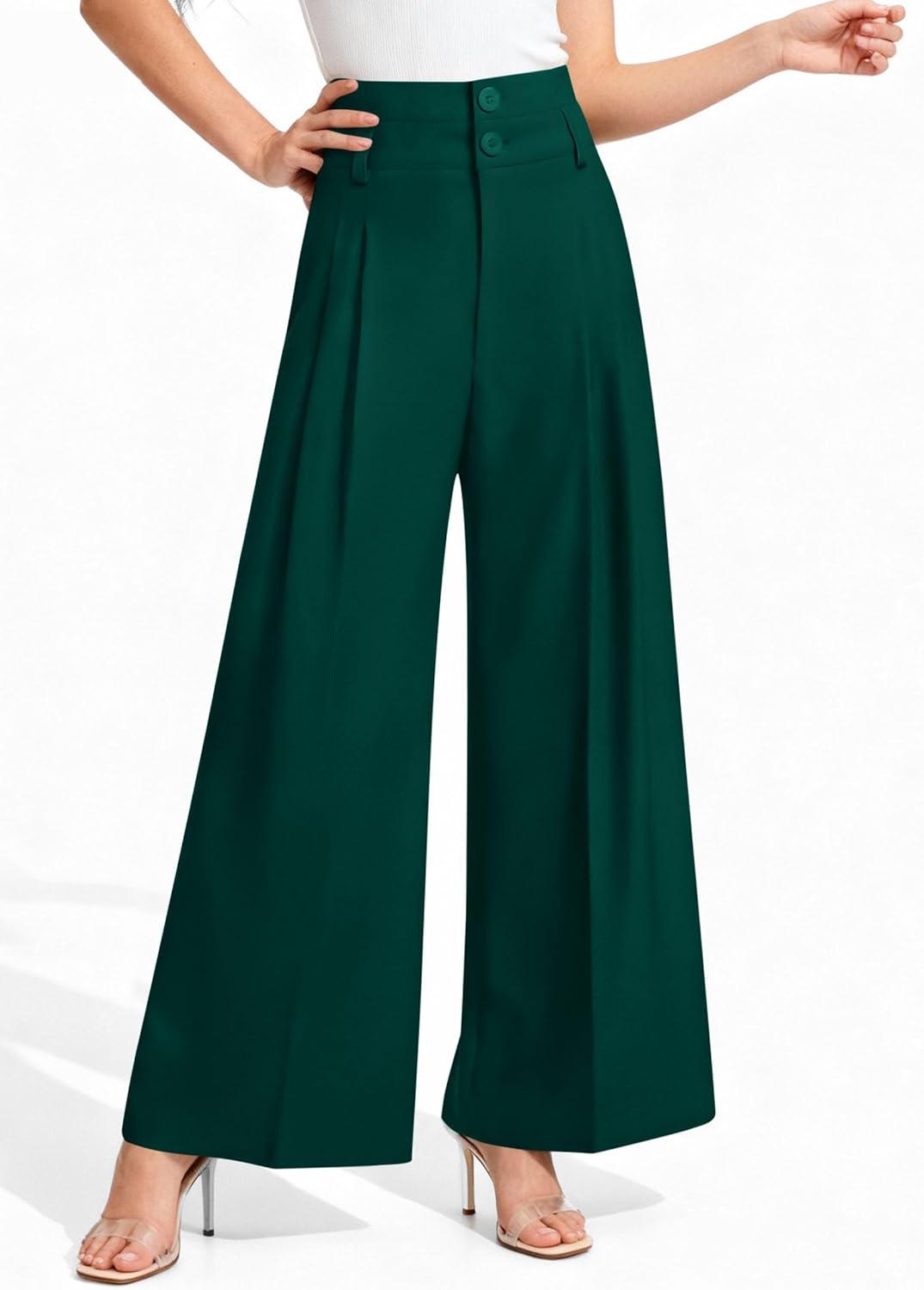 imagePRETTYGARDEN Womens Spring Wide Leg Palazzo Pants 2026 Trendy Loose Button High Waist Pleated Work Business Casual TrousersDark Green
