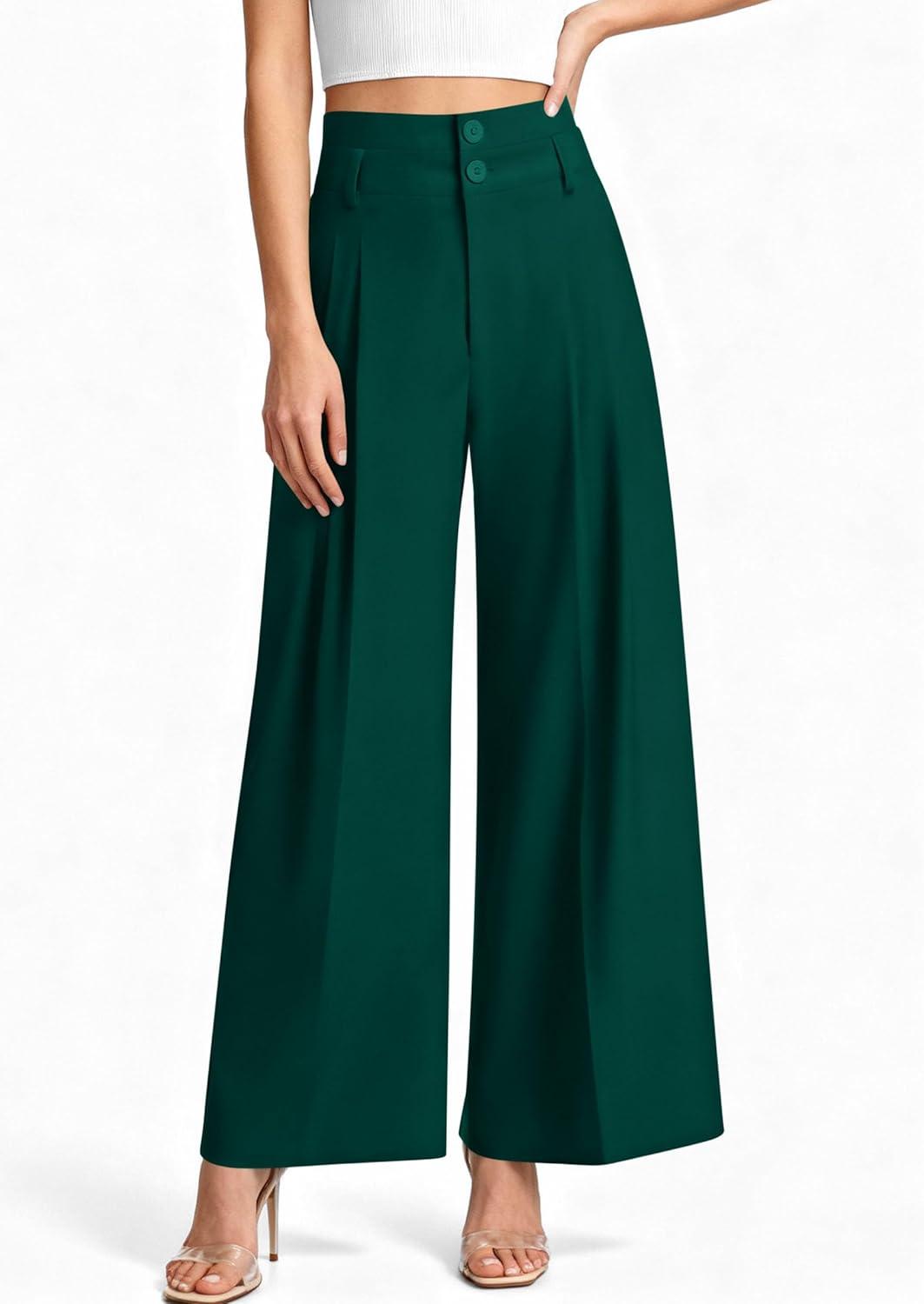 imagePRETTYGARDEN Womens Spring Wide Leg Palazzo Pants 2026 Trendy Loose Button High Waist Pleated Work Business Casual TrousersDark Green