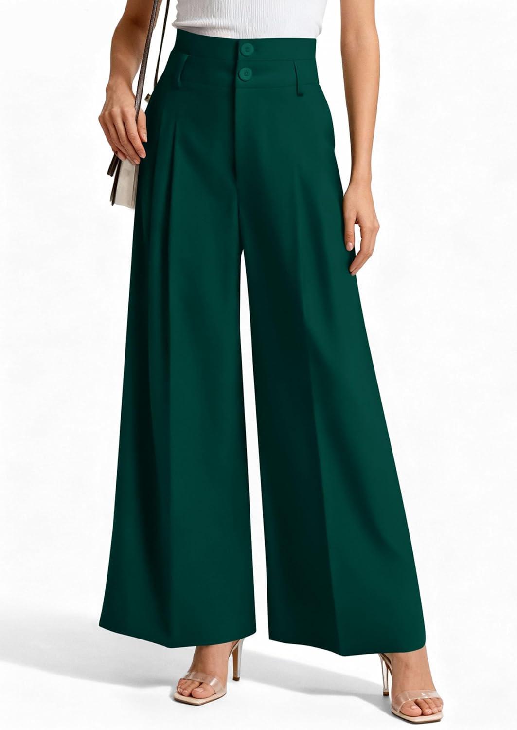 imagePRETTYGARDEN Womens Spring Wide Leg Palazzo Pants 2026 Trendy Loose Button High Waist Pleated Work Business Casual TrousersDark Green