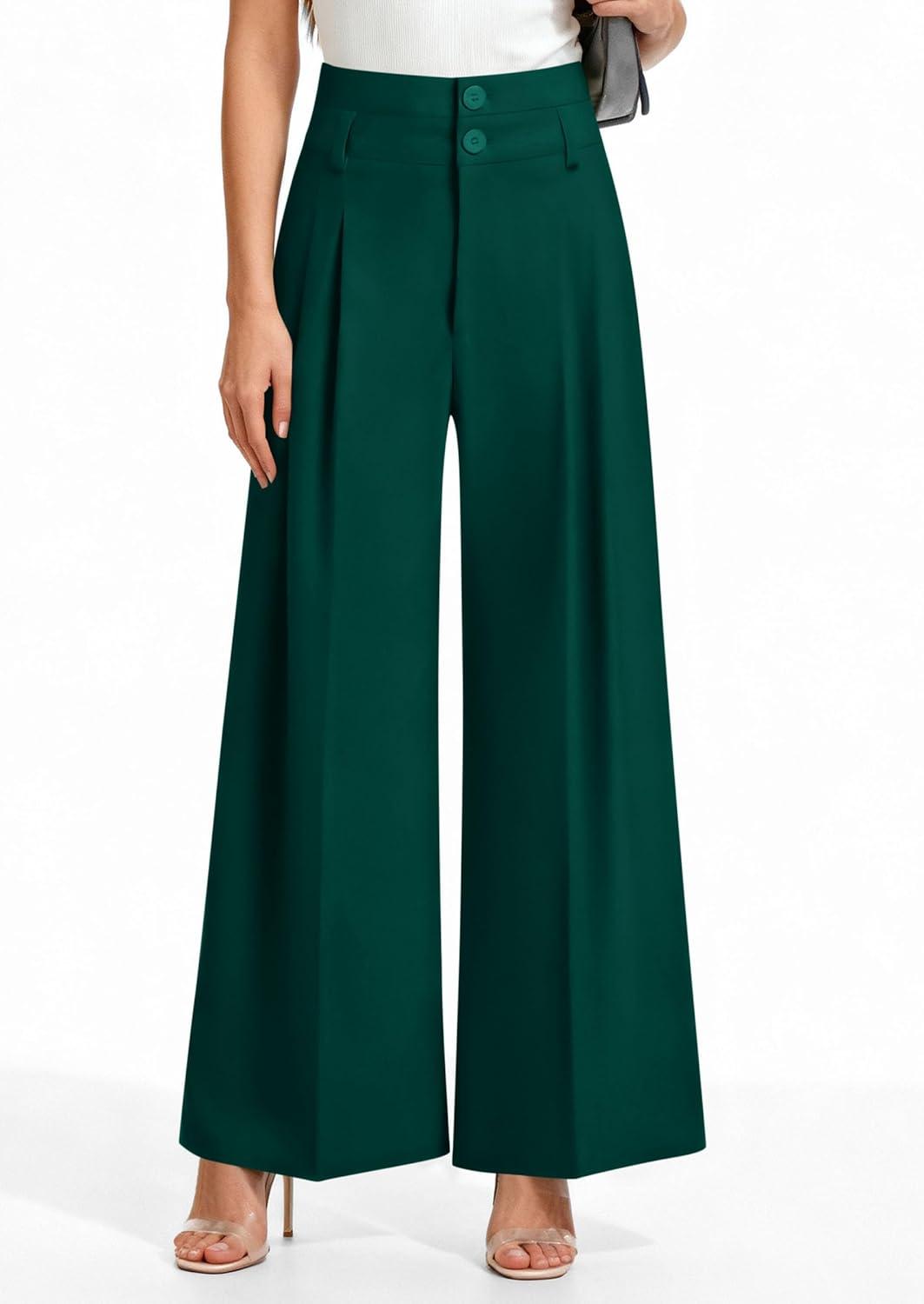 imagePRETTYGARDEN Womens Spring Wide Leg Palazzo Pants 2026 Trendy Loose Button High Waist Pleated Work Business Casual TrousersDark Green