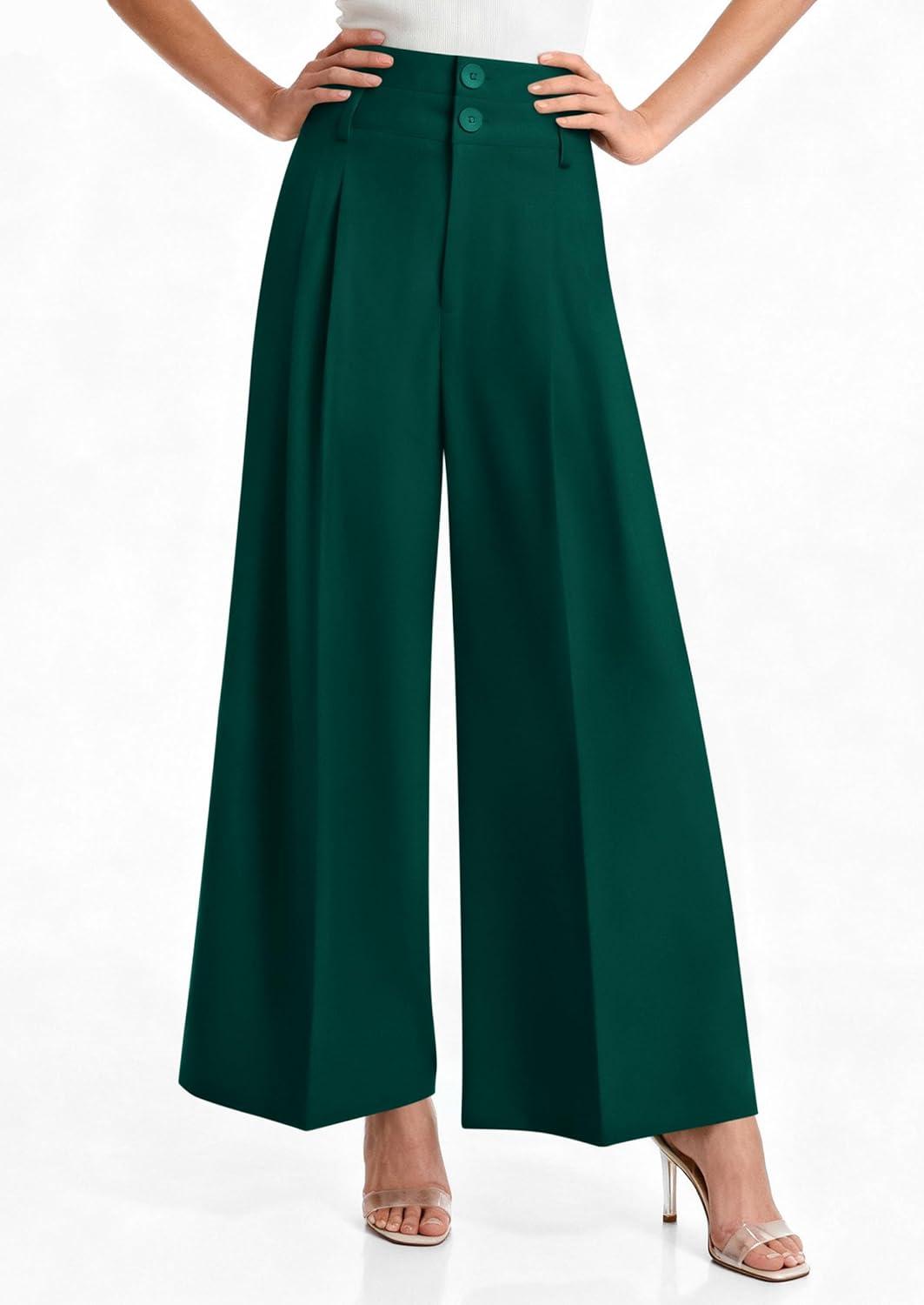 imagePRETTYGARDEN Womens Spring Wide Leg Palazzo Pants 2026 Trendy Loose Button High Waist Pleated Work Business Casual TrousersDark Green