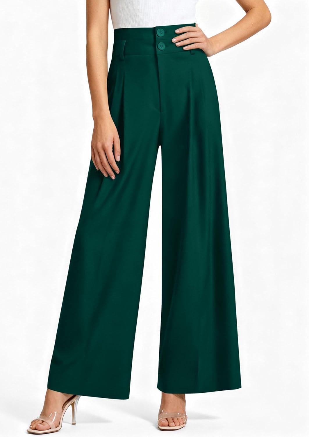imagePRETTYGARDEN Womens Spring Wide Leg Palazzo Pants 2026 Trendy Loose Button High Waist Pleated Work Business Casual TrousersDark Green