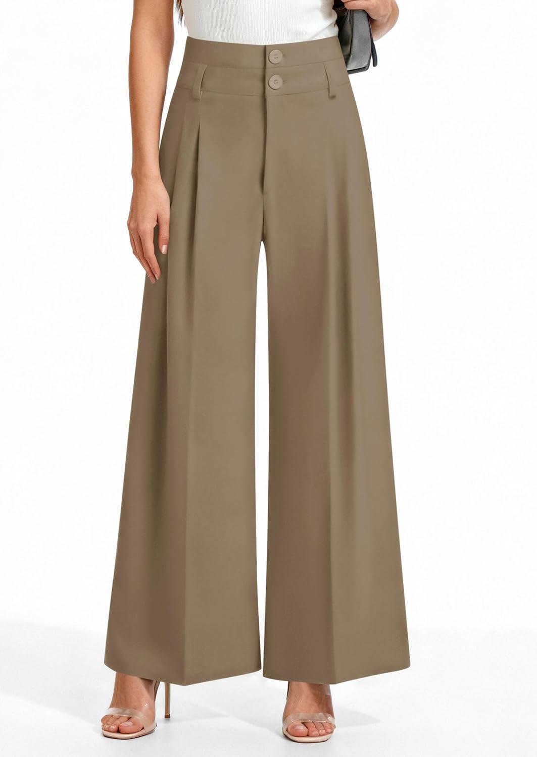 imagePRETTYGARDEN Womens Spring Wide Leg Palazzo Pants 2026 Trendy Loose Button High Waist Pleated Work Business Casual TrousersKhaki