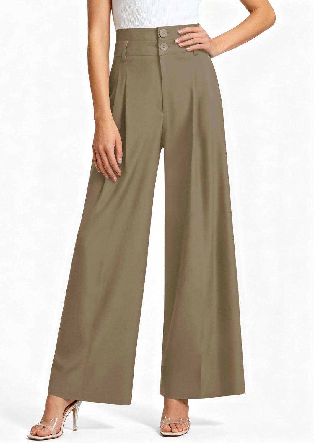 imagePRETTYGARDEN Womens Spring Wide Leg Palazzo Pants 2026 Trendy Loose Button High Waist Pleated Work Business Casual TrousersKhaki