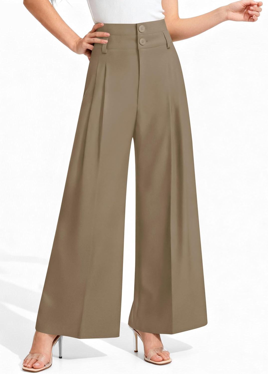 imagePRETTYGARDEN Womens Spring Wide Leg Palazzo Pants 2026 Trendy Loose Button High Waist Pleated Work Business Casual TrousersKhaki