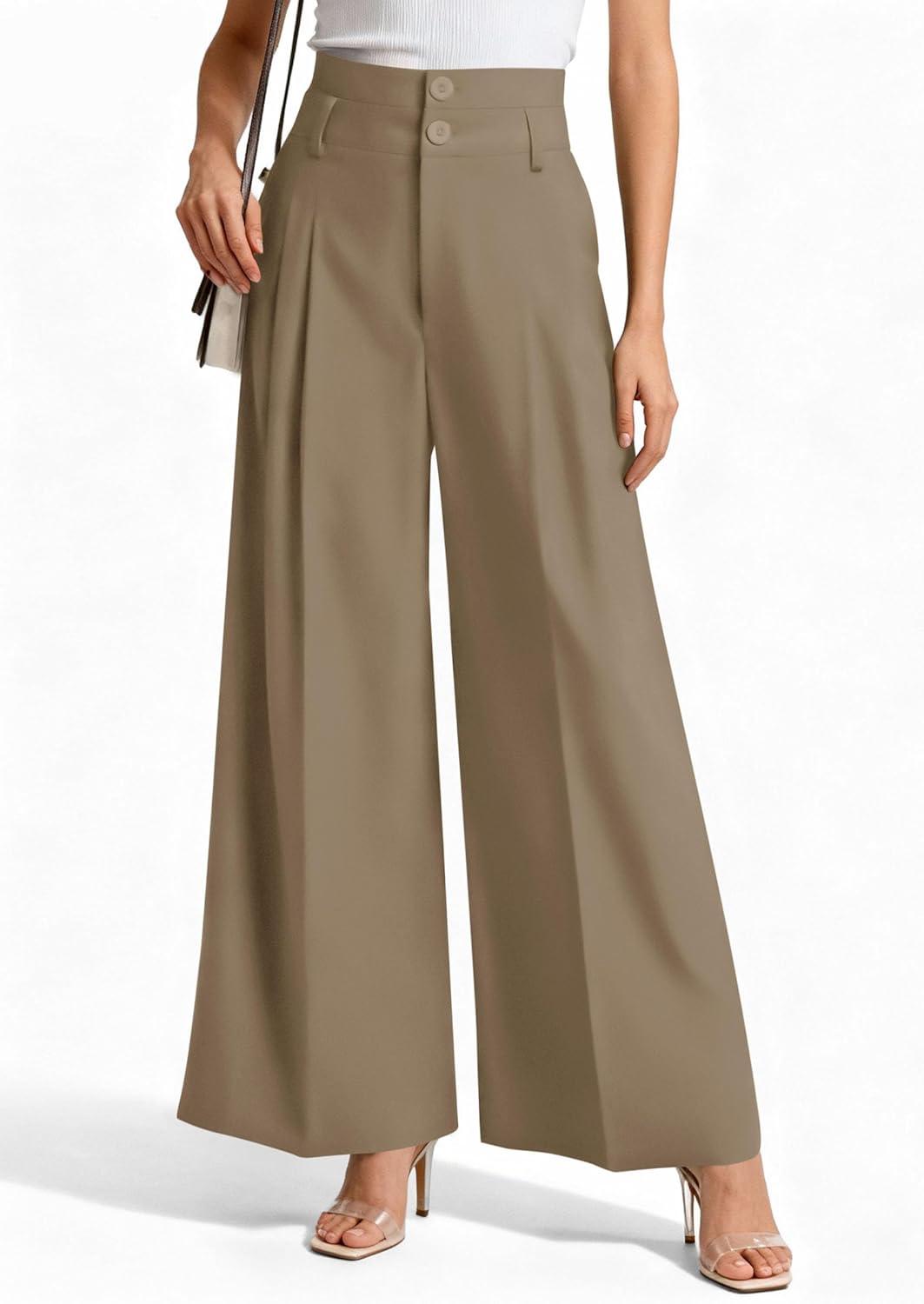 imagePRETTYGARDEN Womens Spring Wide Leg Palazzo Pants 2026 Trendy Loose Button High Waist Pleated Work Business Casual TrousersKhaki
