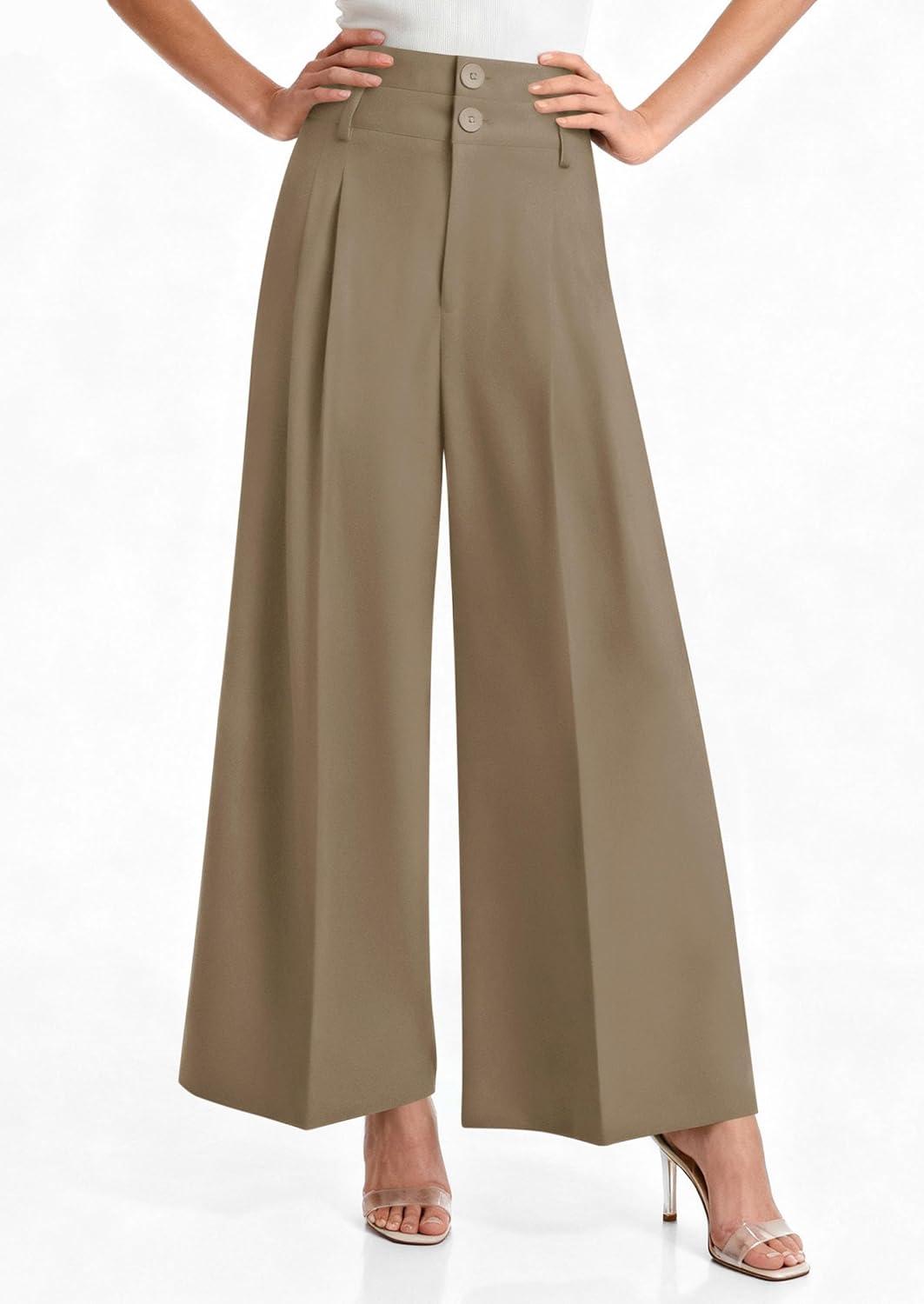 imagePRETTYGARDEN Womens Spring Wide Leg Palazzo Pants 2026 Trendy Loose Button High Waist Pleated Work Business Casual TrousersKhaki